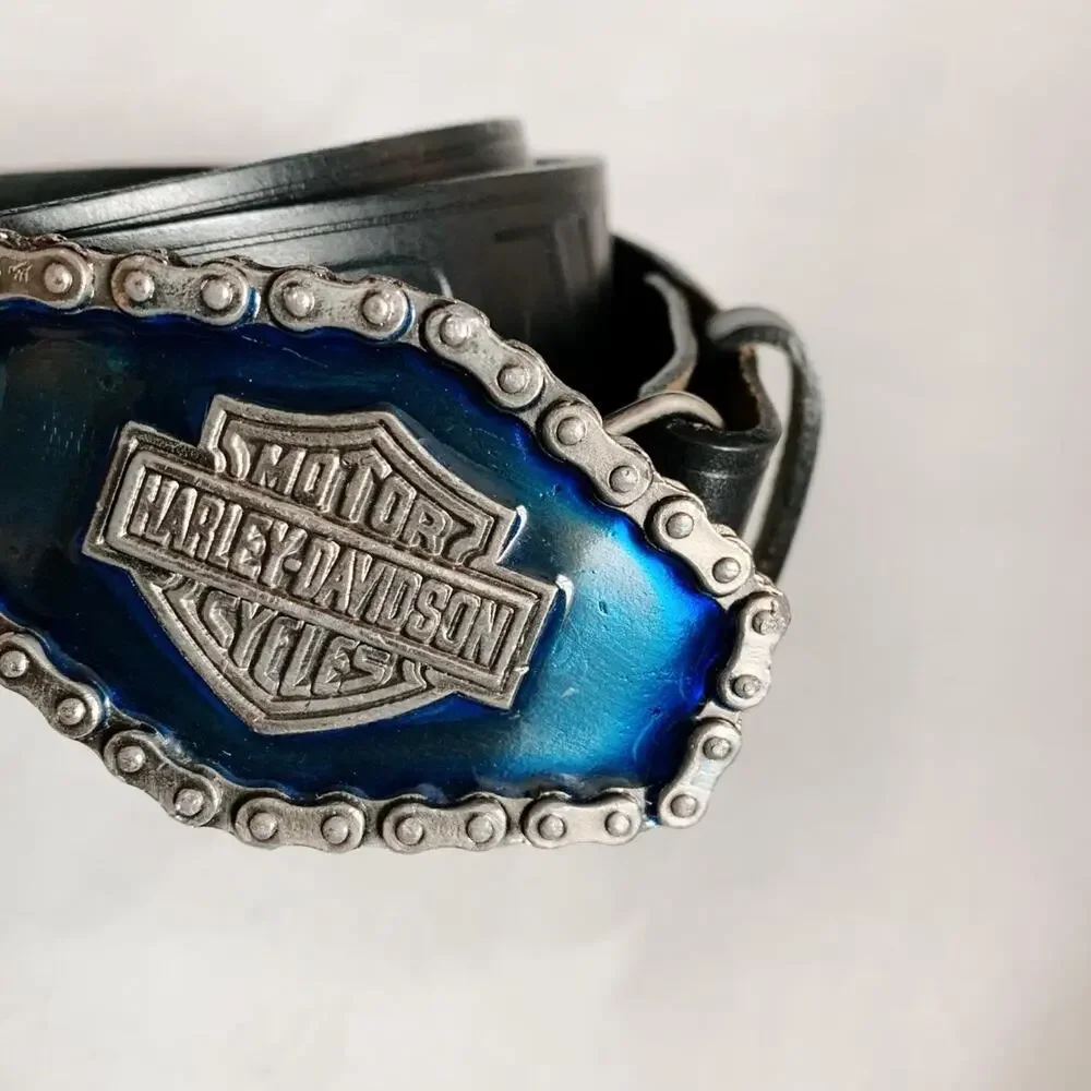 Vintage 70s/80s Harley-Davidson Leather Belt with Blue Enamel Buckle Size 36